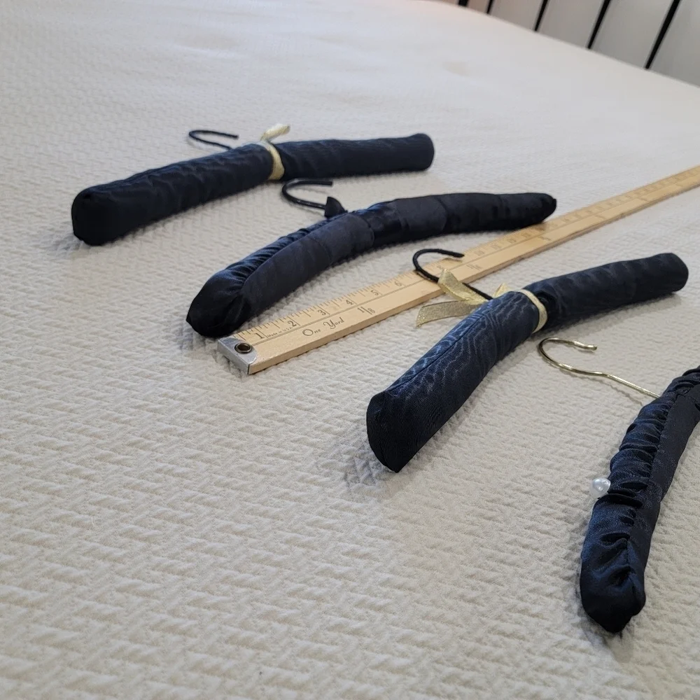 Set of Vintage Black Satin Padded Hangers with Gold And Pearl Accents